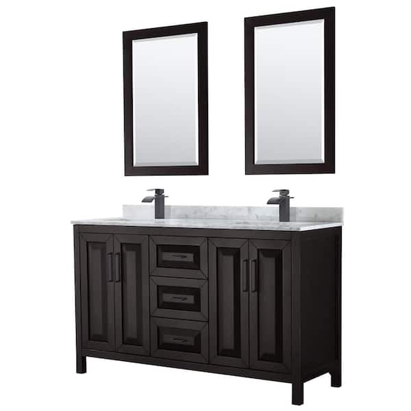 Wyndham Collection Daria 60 in. W x 22 in. D x 35.75 in. H Double Bath Vanity in Dark Espresso w/ White Carrara Marble Top, 24 in. Mirrors