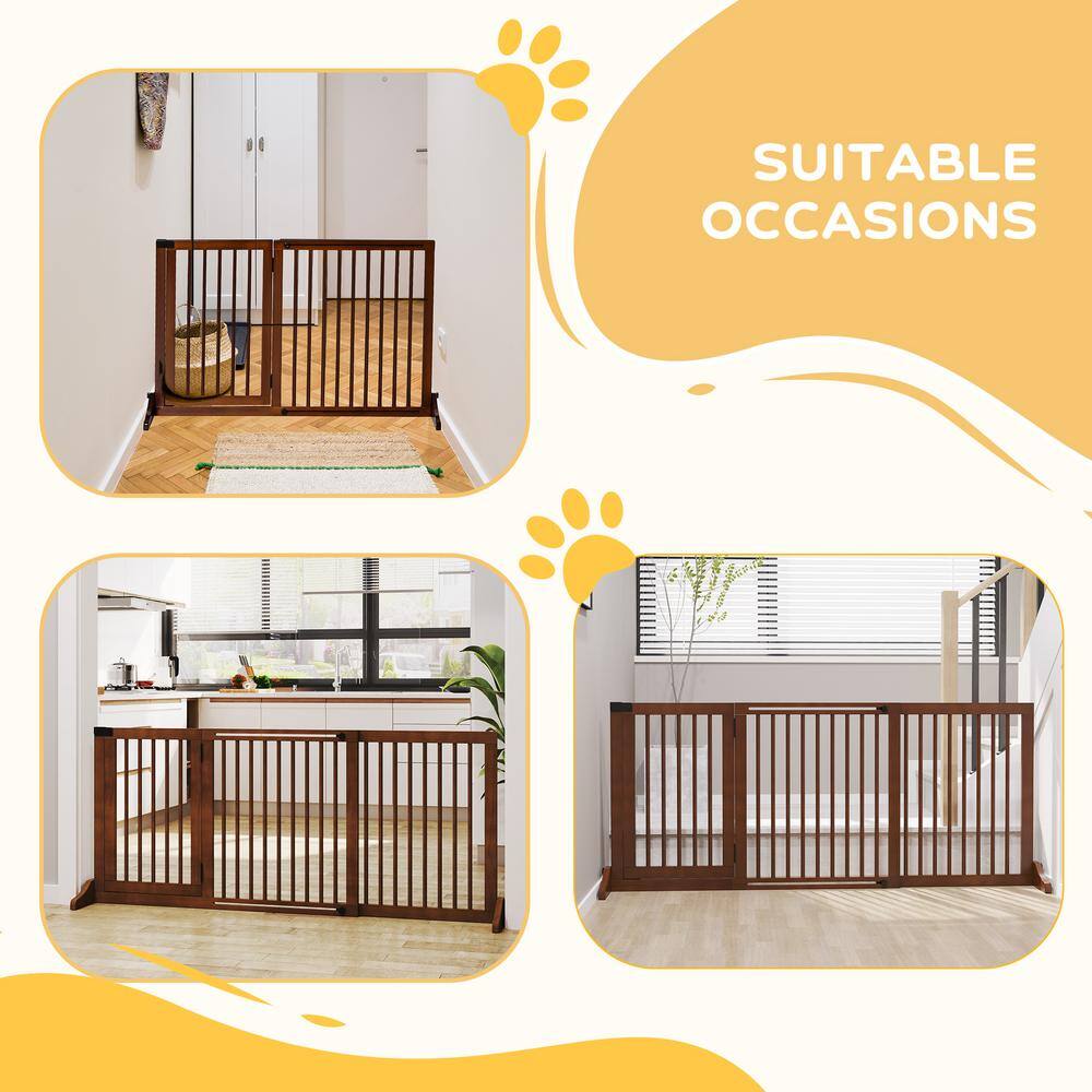 Adjustable Brown Pine Wood Freestanding Pet Gate with Lockable Door
