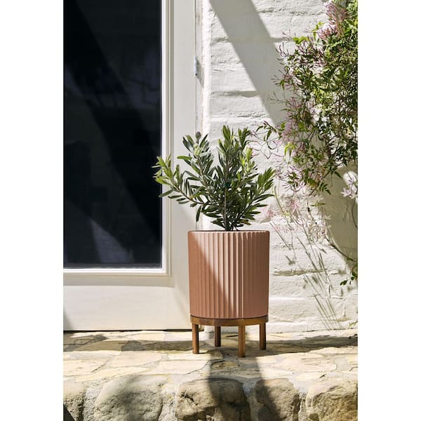 Demi 12 in. Raised with Stand Round Terracotta Plastic Planter with Brown Stand (2 Pack)