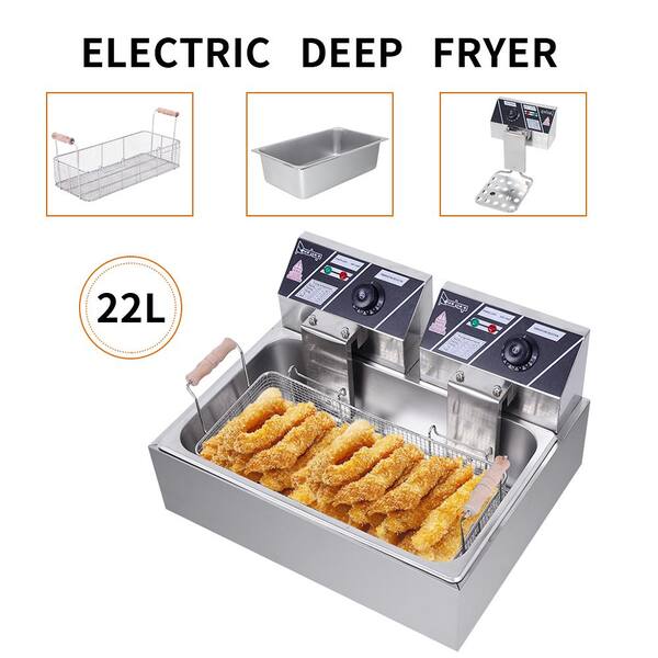 12L 12.7QT/12L Stainless Steel Large Double Cylinder Electric Fryers with Removable Basket and Professional Heating Element Heavy Duty Deep Fryer 110V/5000W Max US Plug