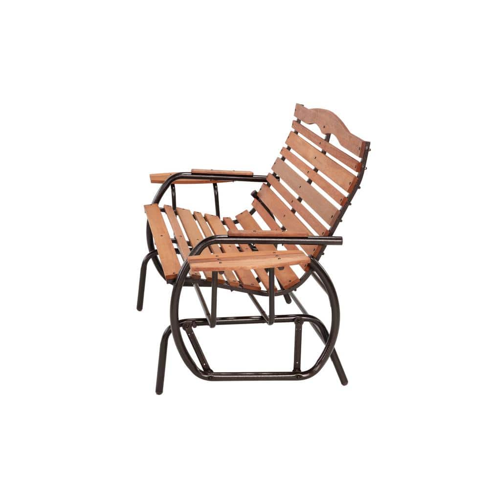 Bronze Steel Frame Double Glider Bench with Mahogany Trays