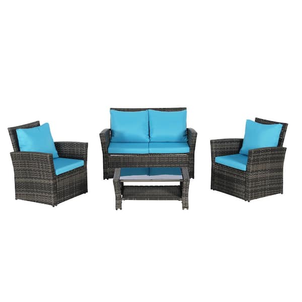 Unbranded 4-Piece Wicker Outdoor Sectional, Patio Rattan Conversation Set with Tempered Glass Coffee Table and Light Blue Cushions