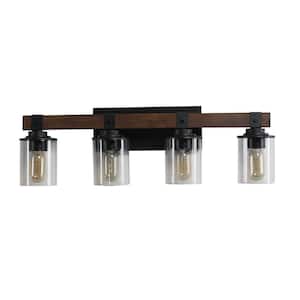 27.2 in. 4-Light Walnut+Black LED Vanity Light Bar with tempered glass Lampshade