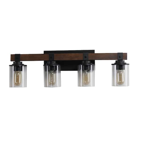 Tatahance 27.2 in. 4-Light Walnut+Black LED Vanity Light Bar with tempered glass Lampshade