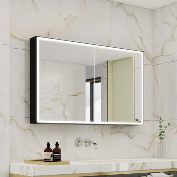 48 in. W x 30 in. H Rectangular Black Aluminum Recessed/Surface Mount LED Medicine Cabinet with Mirror,Outlet,Soft Close