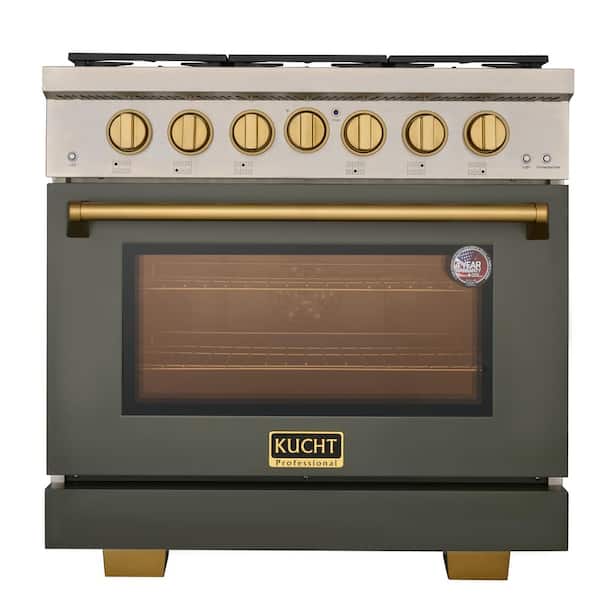 36 in. Propane Gas Range 6 Burners in Olive Green with Gold Knobs and True Simmer Burners