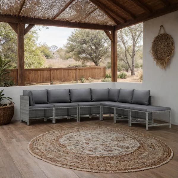 7-Piece Gray Wicker Rattan Outdoor Modular Sectional Sofa with Gray Cushion