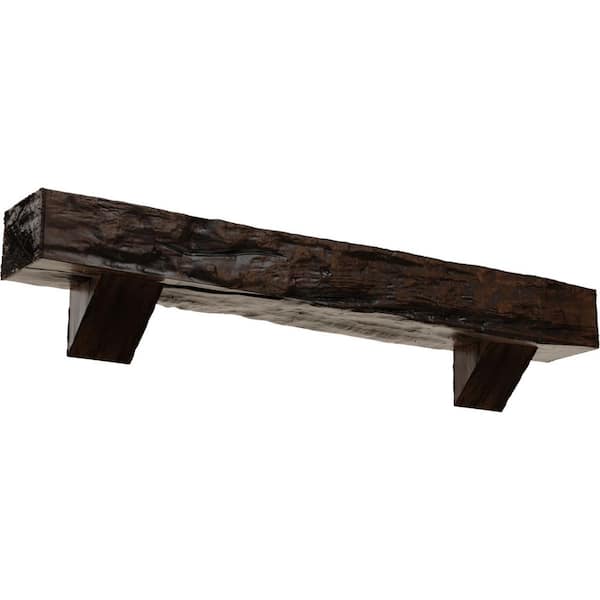 Ekena Millwork 4 in. x 4 in. x 7 ft. Riverwood Faux Wood Fireplace Mantel Kit, Breckinridge Corbels, Premium Aged