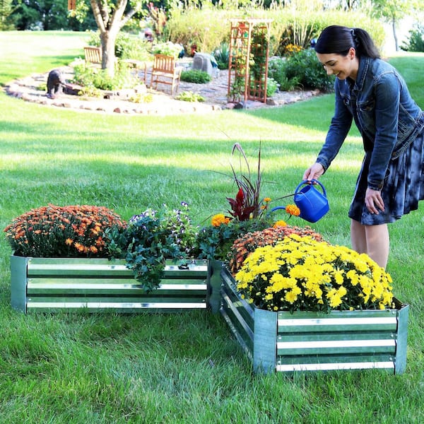 Sunnydaze L-Shaped Silver Galvanized Steel Raised Garden Bed HB