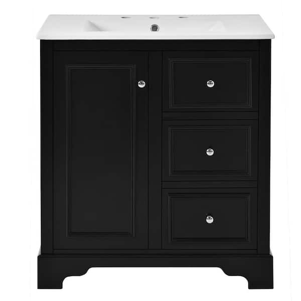 Virubi 30 in. W Single Sink Bath Vanity in Black with White Ceramic Top, 3-Drawers and Adjustable Shelf Unassembled