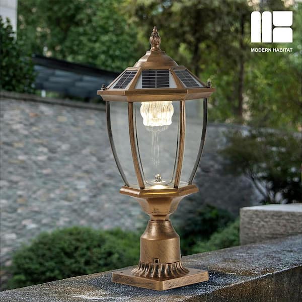MODERN HABITAT 20 in. 1-Light Gold Outdoor Solar Weather Resistant Landscape Post Light with Pier Mount Light with LED