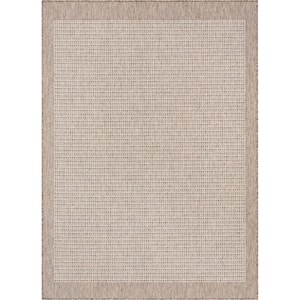 Medusa Odin Solid and Striped Border Taupe 7 ft. 10 in. x 9 ft. 10 in. Flatweave Indoor/Outdoor Area Rug