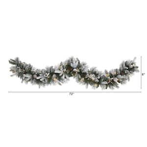 6 ft. Battery Operated Pre-lit Flocked Mixed Pine Artificial Christmas Garland with 50 LED Lights, Pine Cones, Berries