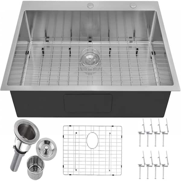 33 in. Drop-In Single Bowl 16-Gauge Brushed Nickel Stainless Steel with Dish Grid and Basket Strainer