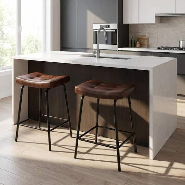 25 in. H Black Low Back Metal Bar Stool with Faux Leather Seat Set of 2