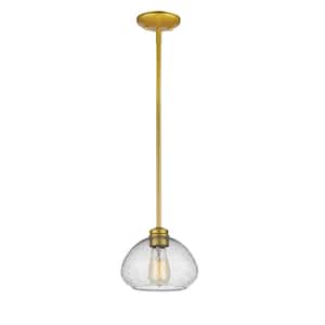 1-Light Satin Gold Shaded Mini-Pendant with Clear Seedy Glass Shade