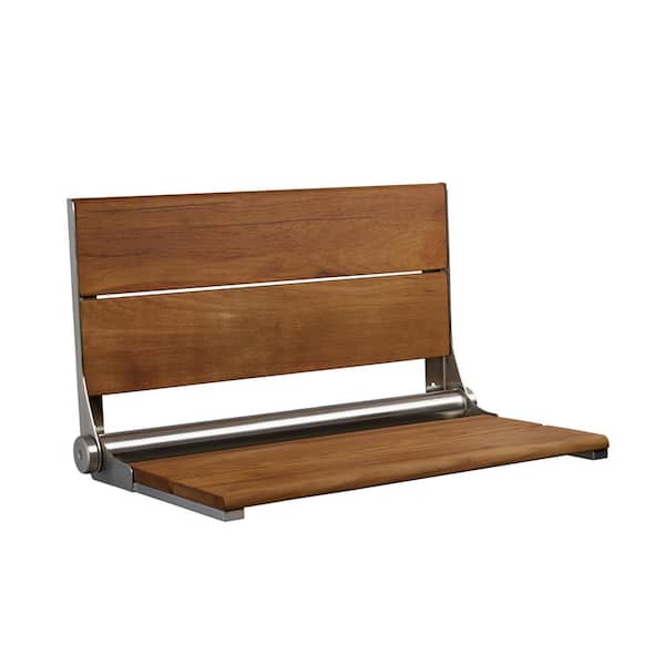 Trench Drain 36 in. x 36 in. x 76-3/4 in. Shower Stall Left Teak Seat with Grab Bars and Shower Valve in White