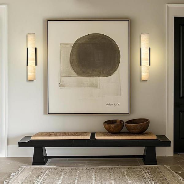 1-Light 20" Modern Black LED Alabaster Wall Sconce, Cylinder Natural Marble Wall Light for Living Room, Bedroom, Hallway