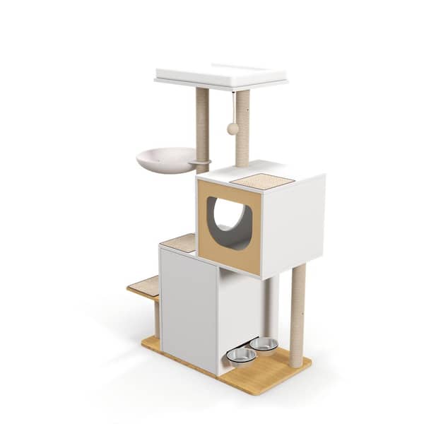 maocao hoom Medium White and Light Oak Particle Board Cat Tower House with Scratcher Post, Shelves and Doors