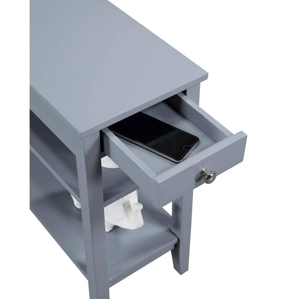 Gray Wood Rectangular Accent Table with Drawer and Shelves