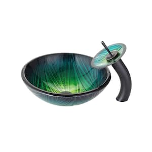 Nei Glass Vessel Sink in Green with Waterfall Faucet in Oil Rubbed Bronze