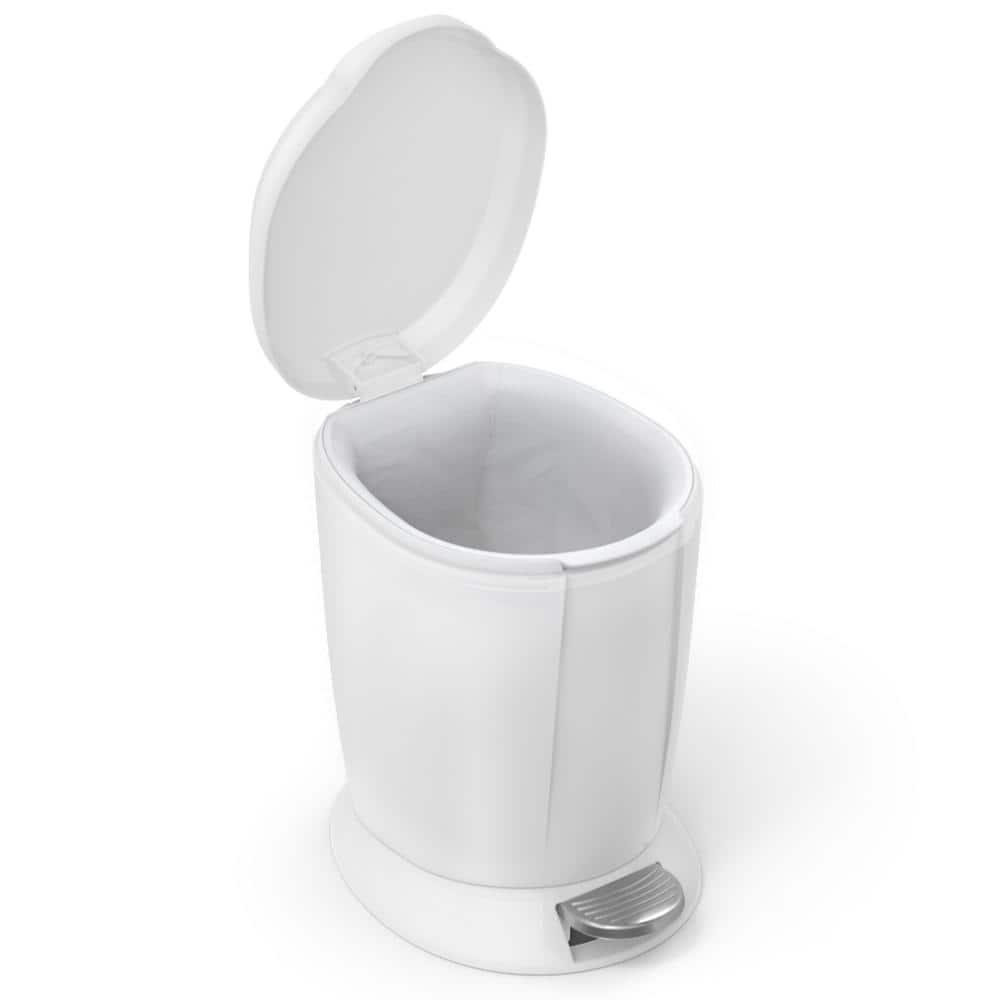 Compact White Plastic Bathroom Step Trash Can with Steel Pedal