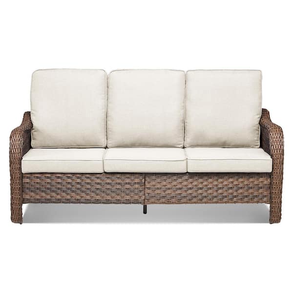 1-Piece Wicker Outdoor Patio Sofa Couch with Beige Cushions