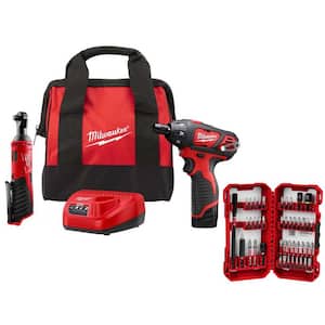 M12 12V Lithium-Ion Cordless 3/8 in. Ratchet and Screwdriver Combo Kit (2-Tool) with Battery, Bit Set, Charger, Tool Bag
