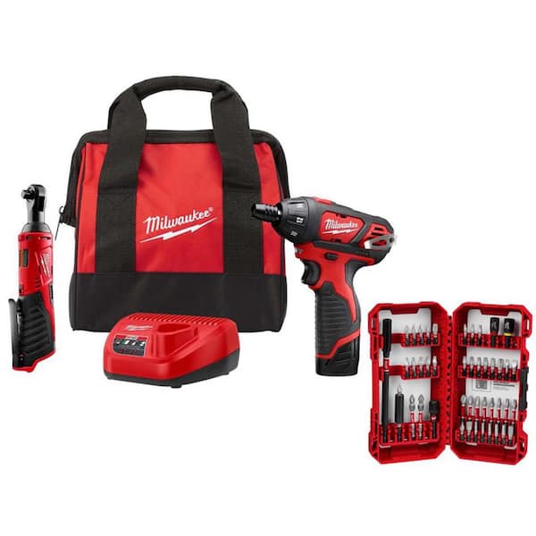 M12 12V Lithium-Ion Cordless 3/8 in. Ratchet and Screwdriver Combo Kit (2-Tool) with Battery, Bit Set, Charger, Tool Bag