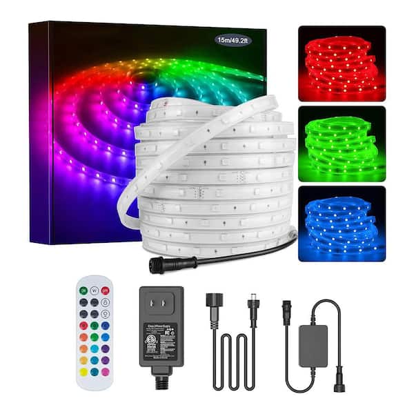 49.2 ft. Smart LED Outdoor Rope Light Music Sync RGB Strip Lights App Control RF Remote Color Changing Dimmable 24V IP65