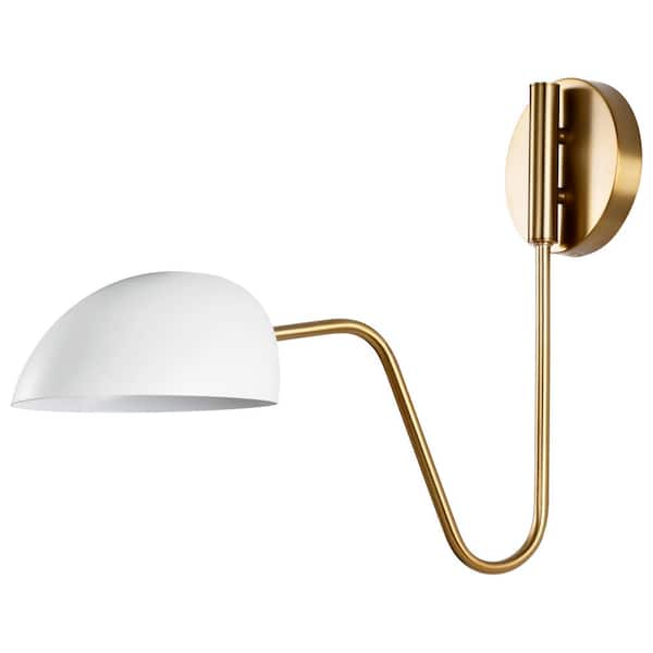 SATCO Trilby 7.375 in. 1-Light Matte White/Burnished Brass Wall Sconce with Matte White Metal Shade