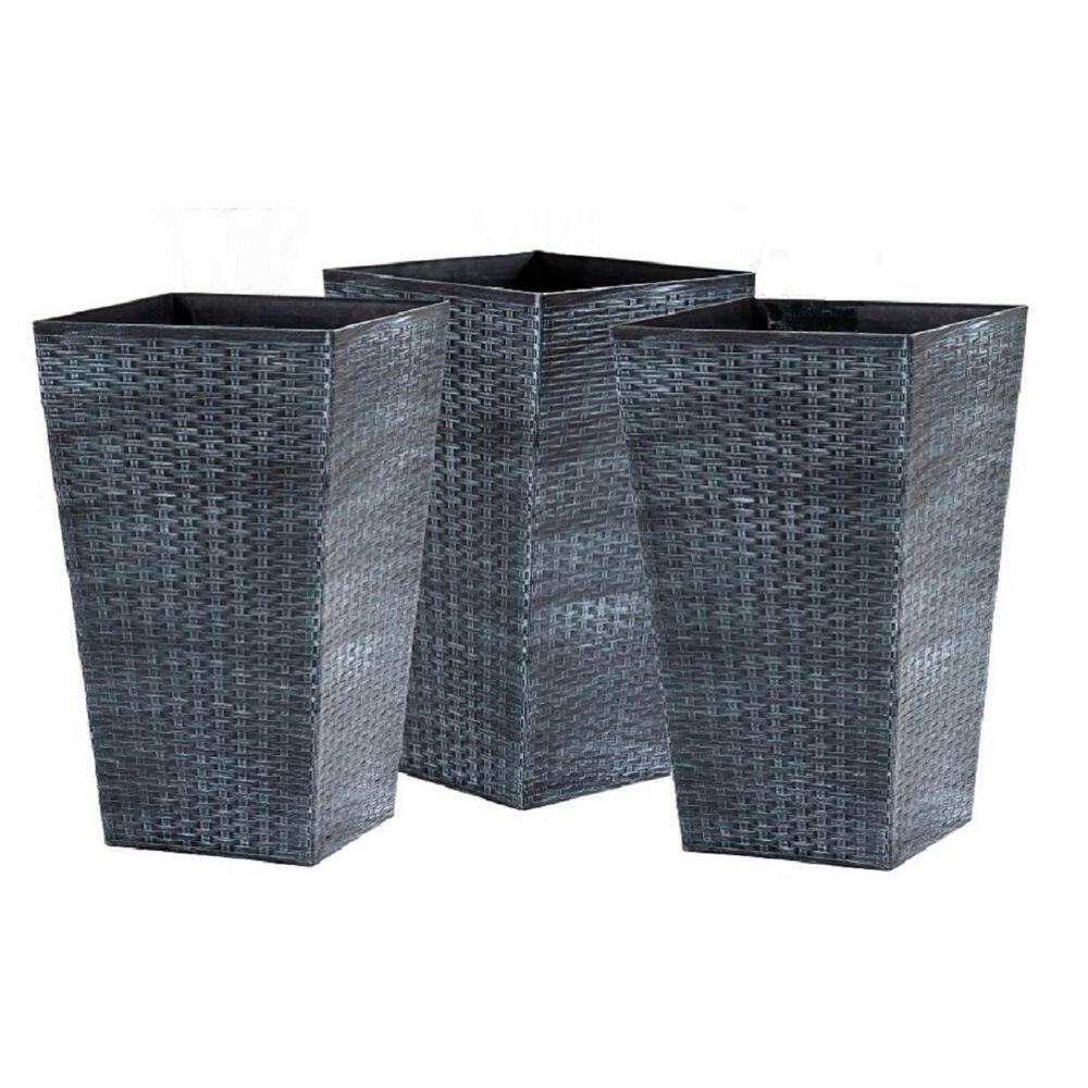 Unique 24 in. H Blue-Gray Plastic Rattan-Like Tall Square Planter Flower Pots with Drainage Hole (3-Pack) price history on PriceWatchPro