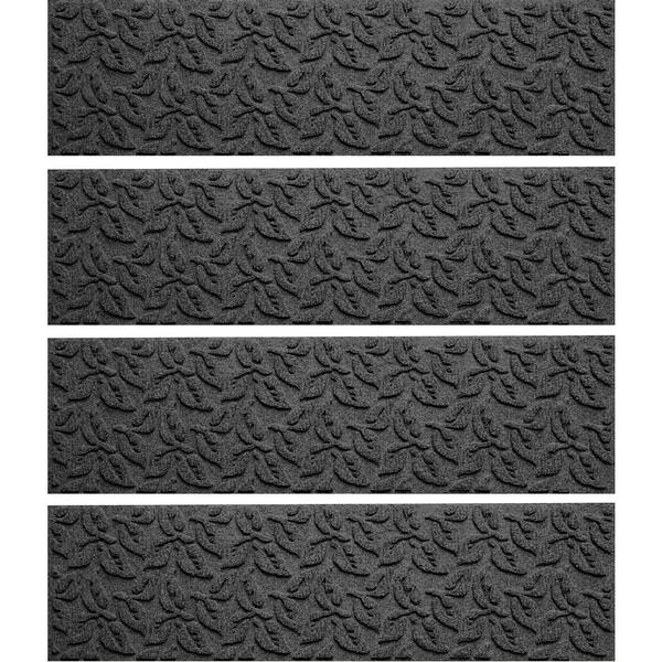 Bungalow Flooring Waterhog Dogwood Leaf Charcoal 8.5 in. x 30 in. PET Polyester Indoor Outdoor Stair Tread Cover (Set of 4)