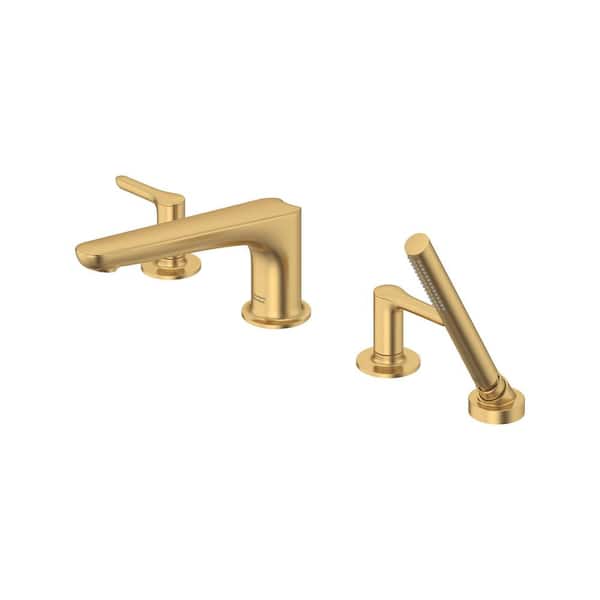 Studio S 2-Handle Deck-Mount Roman Tub Faucet for Flash Rough-In Valve with Hand Shower in Brushed Cool Sunrise