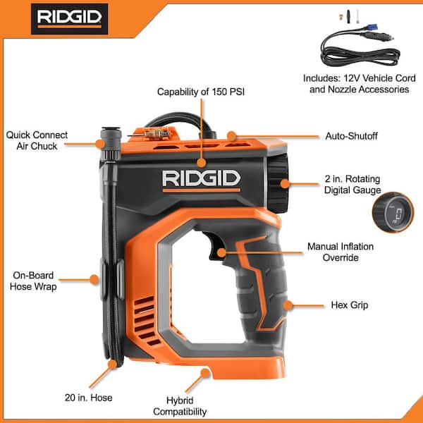 RIDGID 18V Cordless Digital Inflator Kit with 2.0 Ah Battery and Charger with 18V Cordless 175-Watt Power Inverter