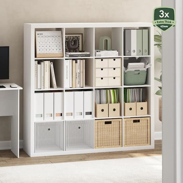 Cubicle 56.85 in. Tall White Wood 16-Shelf Cube Bookcase With Tick Frame