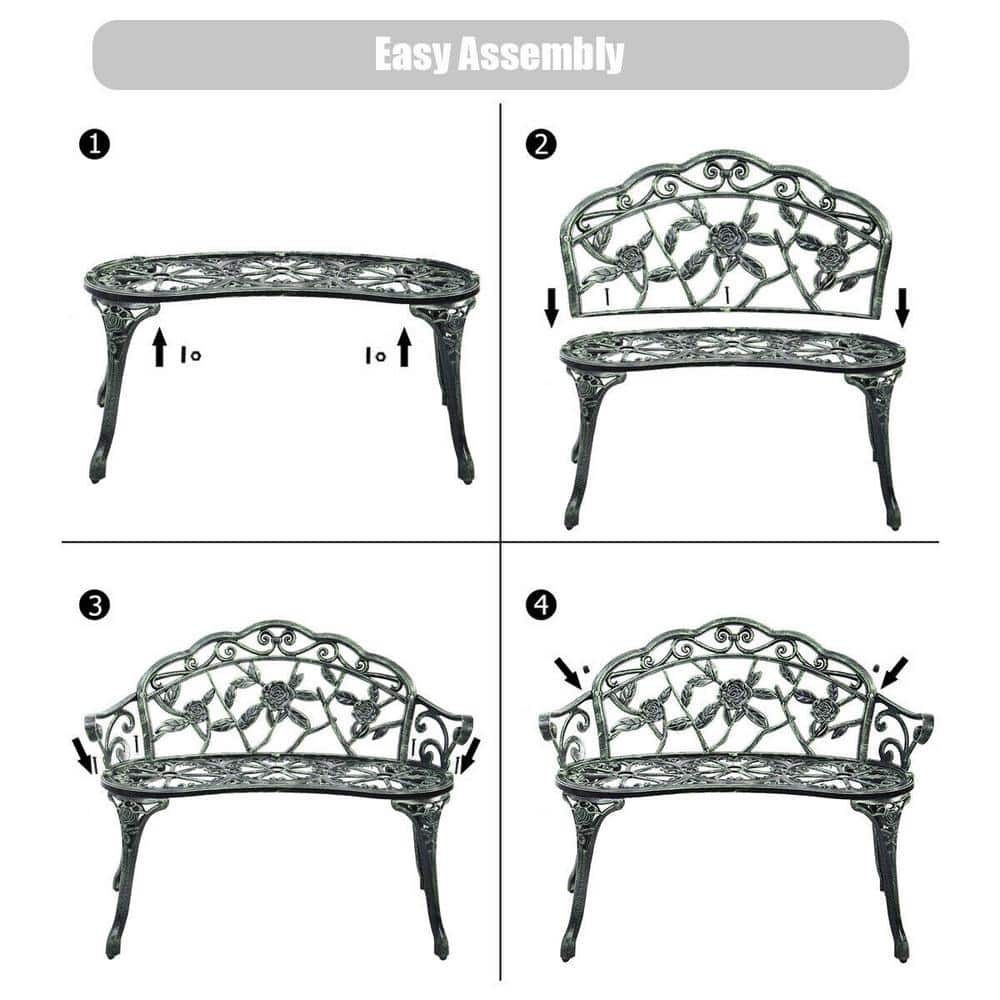 Elegant Antique Green Cast Aluminum Rose Garden Bench