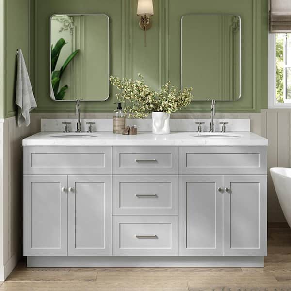 ARIEL Hamlet 66.25 in. W x 22 in. D x 36 in. H Double Sink Freestanding Bath Vanity in Grey with Carrara White Quartz Top