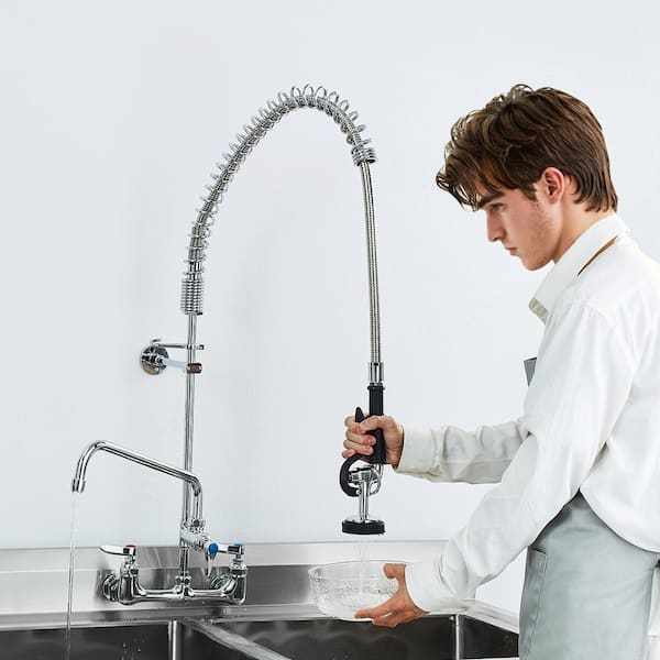 Commercial Faucet 36 in. H 8 in. Center 12 in. Double Handle Pull Down Sprayer Kitchen Faucet with in Silver