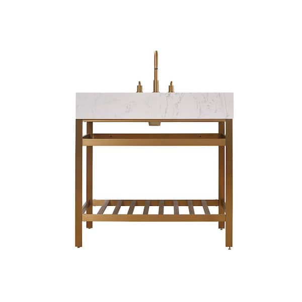 Altair Merano 36 in. W x 22 in. D x 35 in. H Bath Vanity in Brushed Gold with White Composite Stone Top
