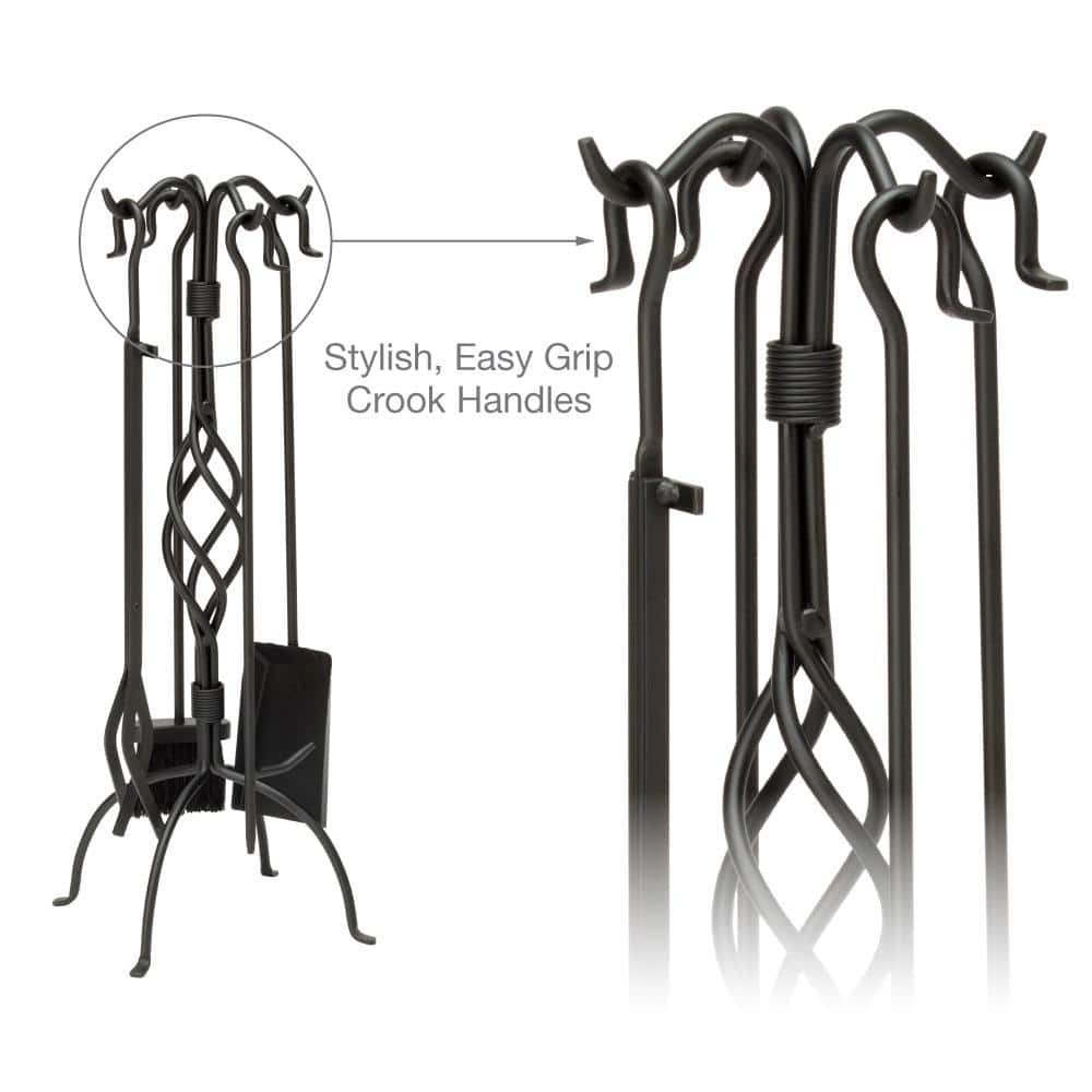Black Wrought Iron 5-Piece Fireplace Tool Set with Center Weave