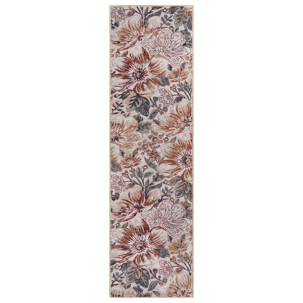 Botanical Bloom Coastal Machine Washable Polyester Non-Slip Backing 2 ft. x 10 ft. Cream Area Rug