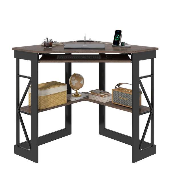VECELO Corner Computer Desk with BuiltIn Charging Station, Keyboard