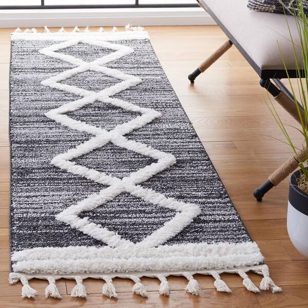 Moroccan Tassel Shag 2 ft. x 8 ft. Black/Ivory Border High-Low Diamond Runner Rug
