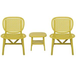 3-Pieces Polypropylene Outdoor Bistro Set with Open Shelf and Lounge Chairs in Yellow for Balcony, Garden