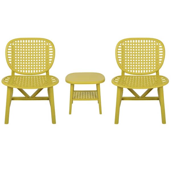 Zeus & Ruta 3-Pieces Polypropylene Outdoor Bistro Set with Open Shelf and Lounge Chairs in Yellow for Balcony, Garden
