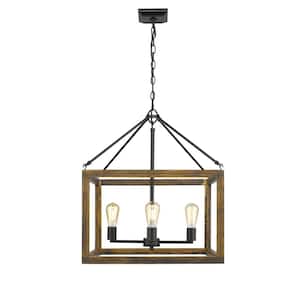 Sutton 4-Light Pendant in Black with Wood Cage
