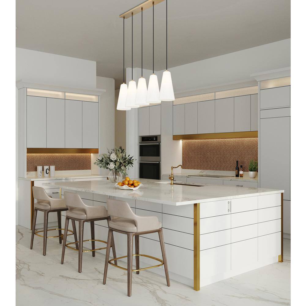 Modern Gold and Nickel 5-Light Linear Chandelier with Frosted Glass Shades