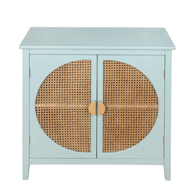 Unbranded 31.5 in. W x 14.96 in. D x 30.91 in. H Light Green Linen Cabinet with semicircular elements, natural rattan weaving