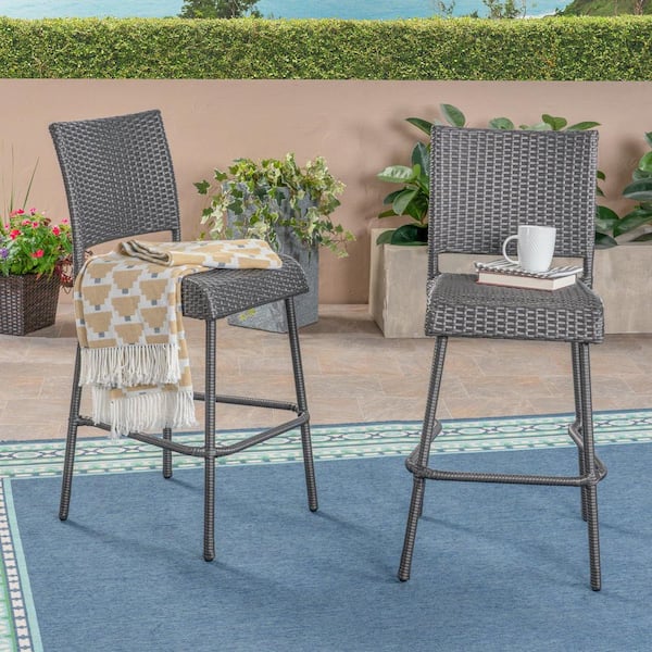 Noble House Timothy Gray Faux Rattan Outdoor Bar Stool (2-Pack)